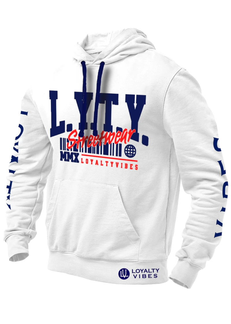 Loyalty Vibes District Logo Graphic Hoodie White Navy Blue Loyalty Vibes