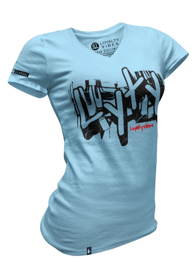 Loyalty Vibes Loyalty Vibes Women's Graffiti V-Neck Tee Baby Blue Black
