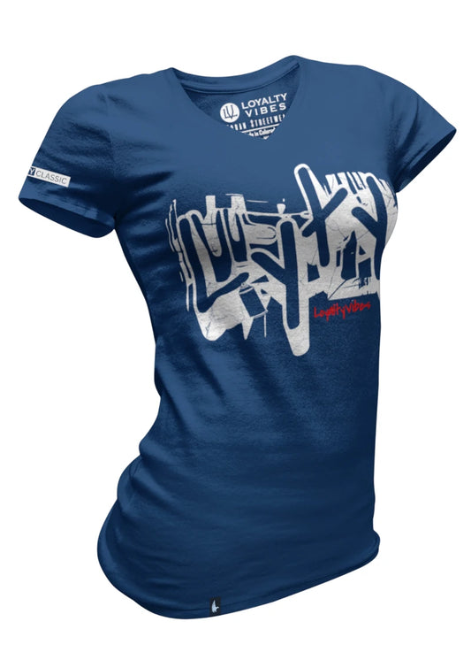 Loyalty Vibes Women's Graffiti V-Neck Tee Navy Blue Loyalty Vibes