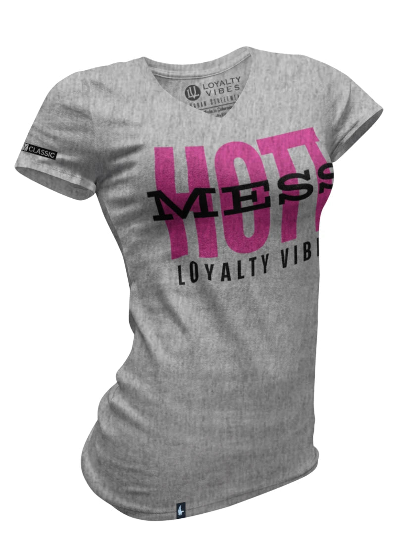 Loyalty Vibes Loyalty Vibes Women's Hott Mess V-Neck Tee Heather Grey Pink