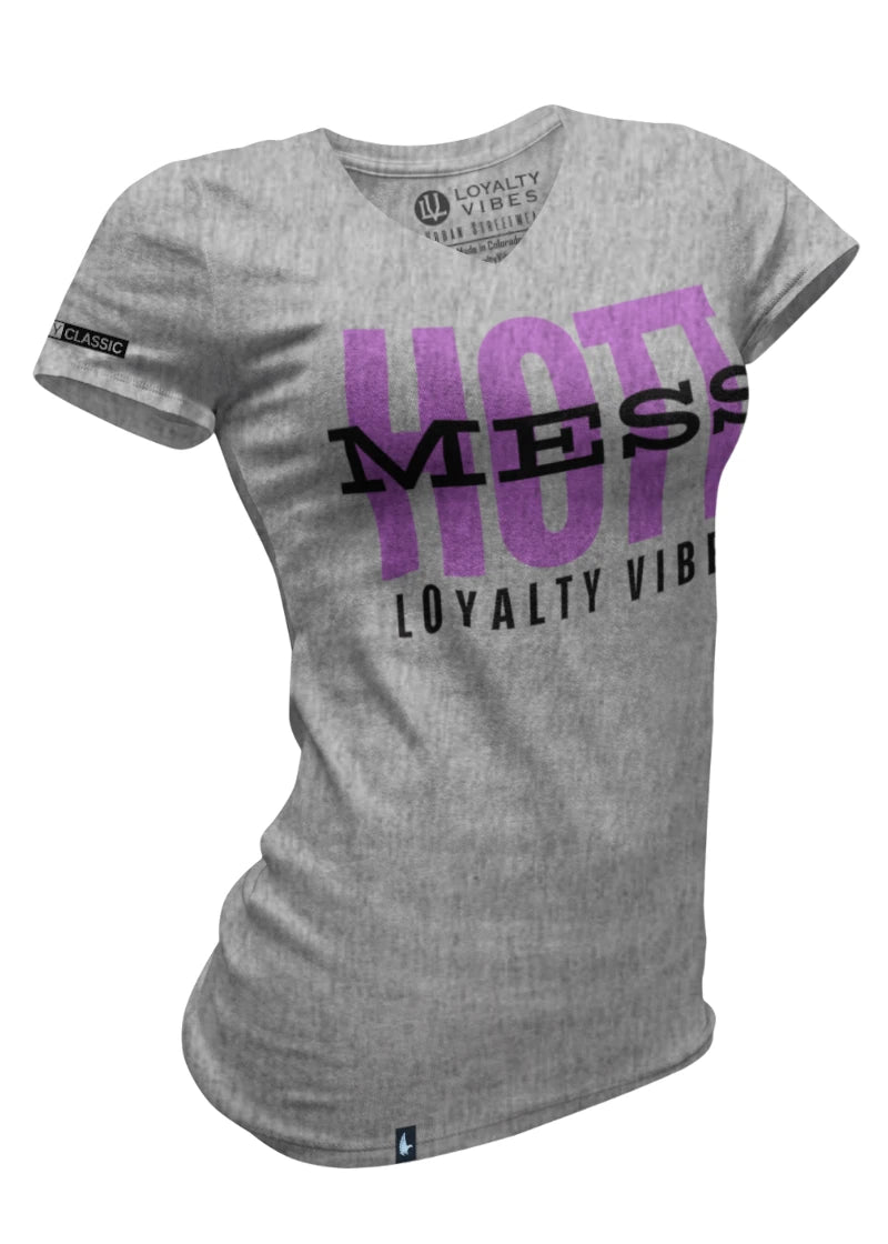 Loyalty Vibes Loyalty Vibes Women's Hott Mess V-Neck Tee Heather Grey Purple