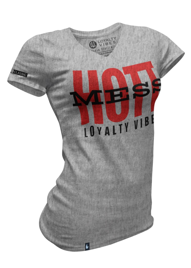 Loyalty Vibes Loyalty Vibes Women's Hott Mess V-Neck Tee Heather Grey Red