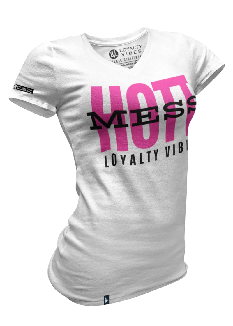 Loyalty Vibes Loyalty Vibes Women's Hott Mess V-Neck Tee White Pink