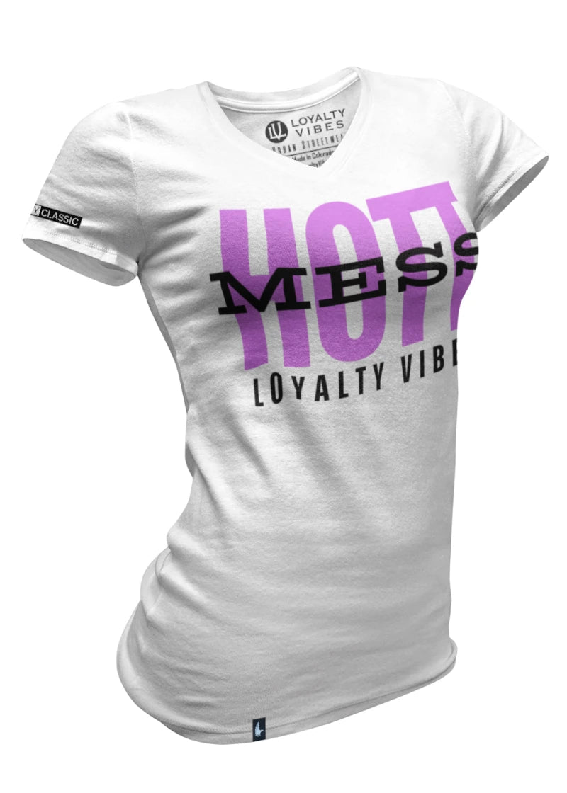 Loyalty Vibes Loyalty Vibes Women's Hott Mess V-Neck Tee White Purple