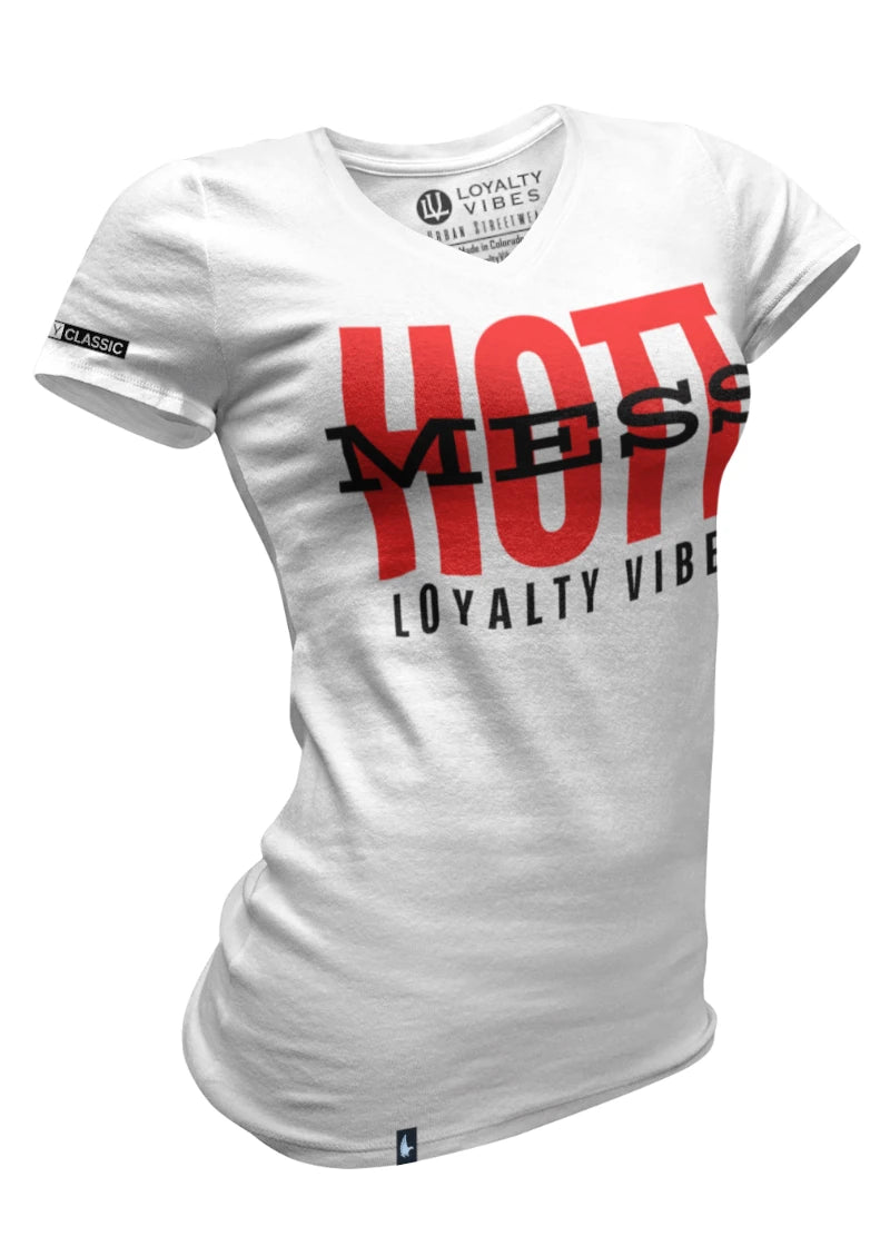 Loyalty Vibes Loyalty Vibes Women's Hott Mess V-Neck Tee White Red
