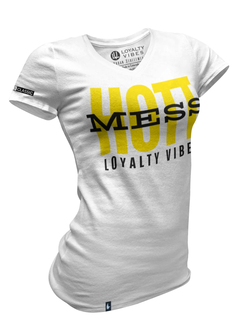 Loyalty Vibes Loyalty Vibes Women's Hott Mess V-Neck Tee White Yellow