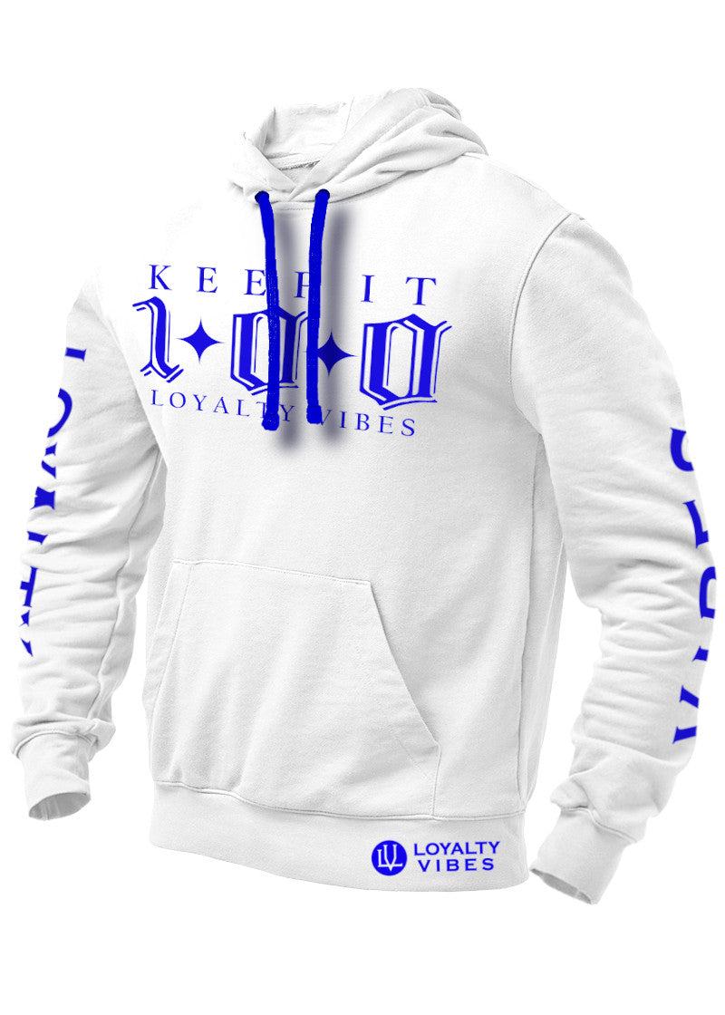 Loyalty Vibes Keep It 100 Graphic Hoodie White Blue Loyalty Vibes