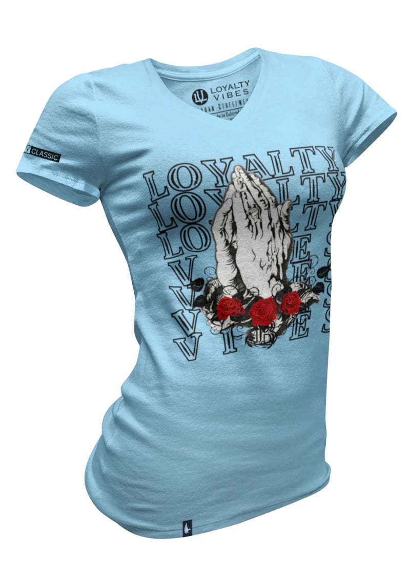Loyalty Vibes Women's Loyalty Prayer V-Neck Tee Baby Blue Black Loyalty Vibes