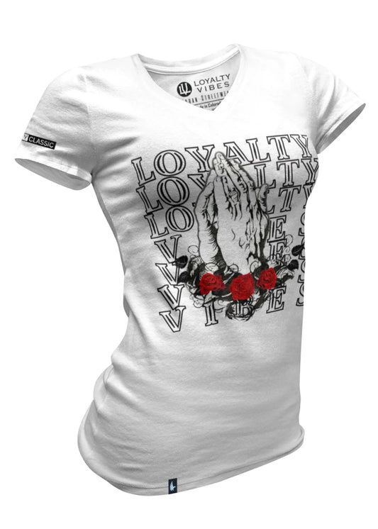 Loyalty Vibes Women's Loyalty Prayer V-Neck Tee White Loyalty Vibes