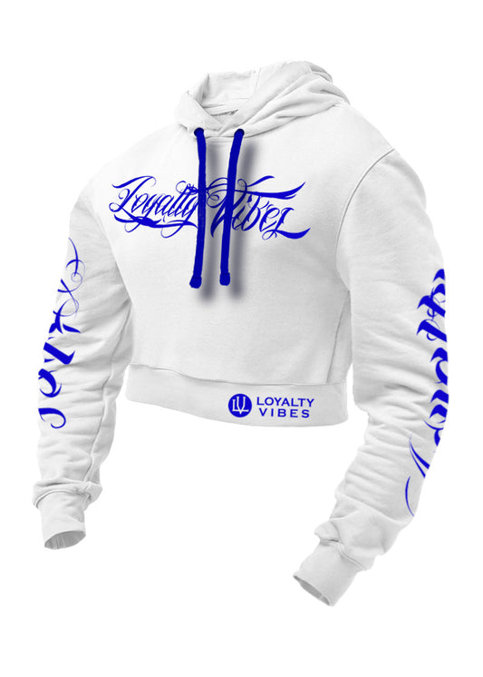 Loyalty Vibes Collective Crop Top Hoodie White Blue