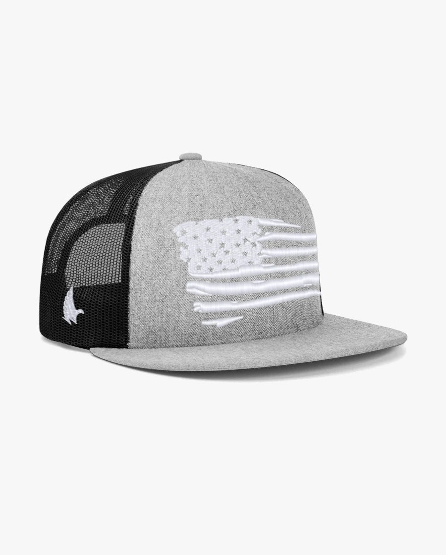 Distressed American Flag Flat Brim Trucker Hat Black / Heather Grey / White Black Heather Grey White Adjustable Loyalty Vibes