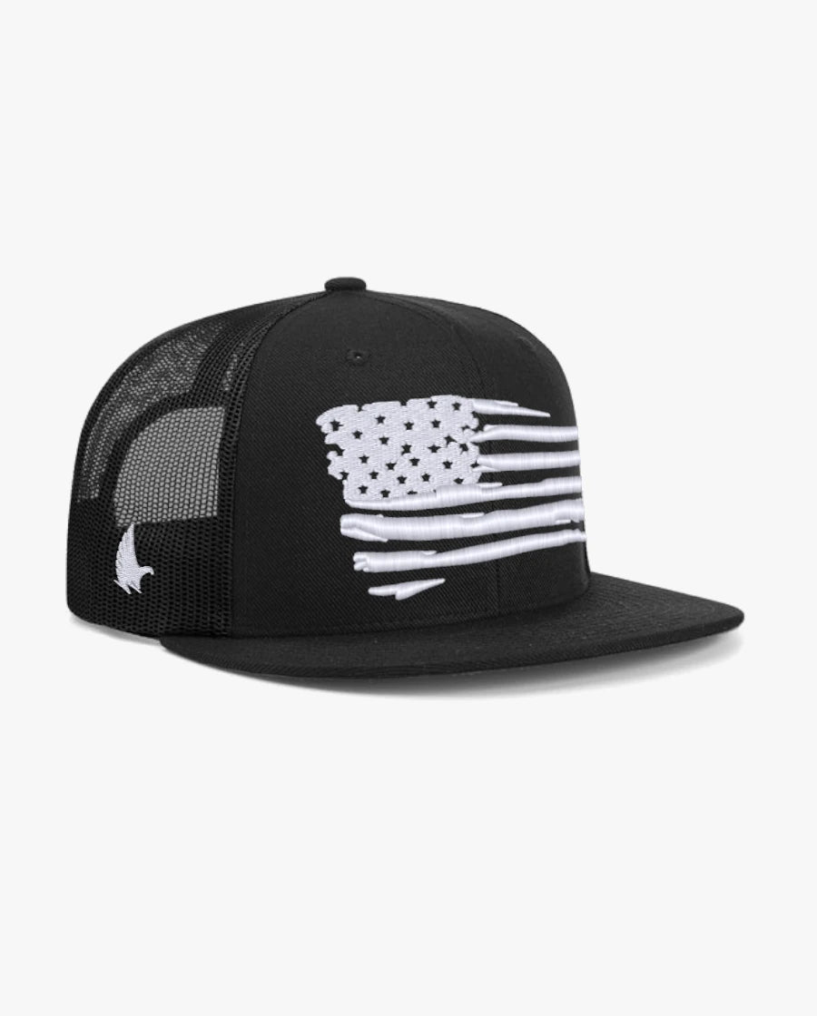 Distressed American Flag Flat Brim Trucker Hat Black / White Black Adjustable Loyalty Vibes