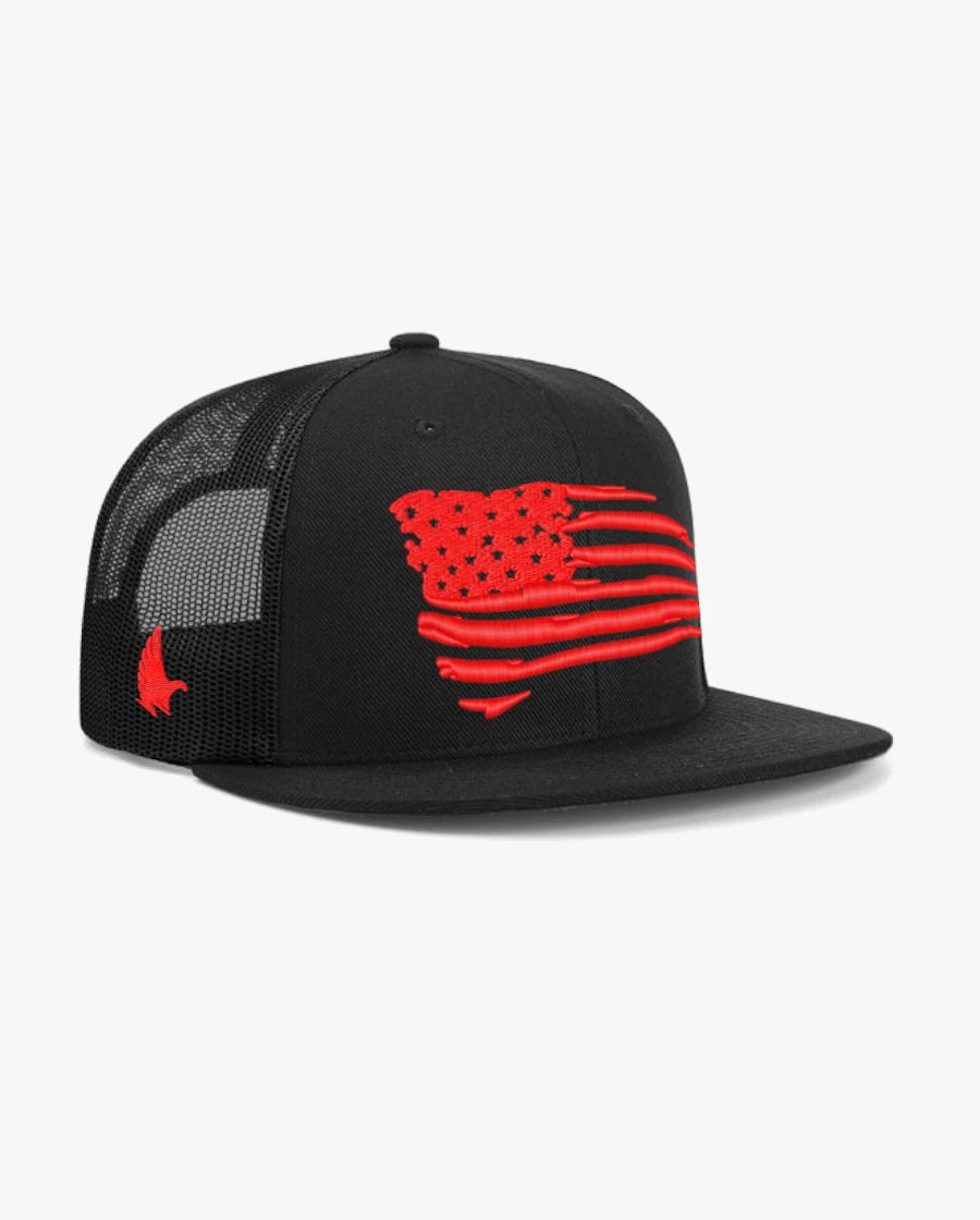 Distressed American Flag Flat Brim Trucker Hat Red / Black Red Black Adjustable Loyalty Vibes
