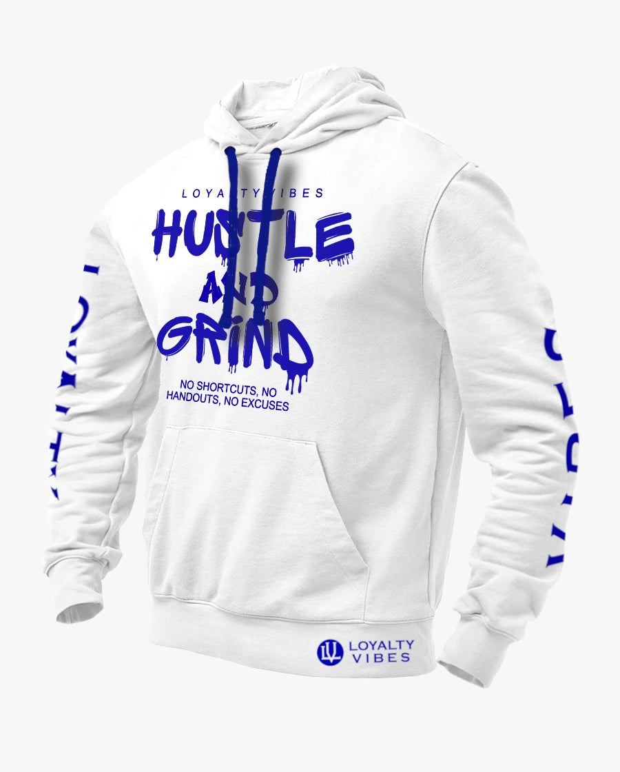 Loyalty Vibes Hustle & Grind Hoodie White Blue Loyalty Vibes