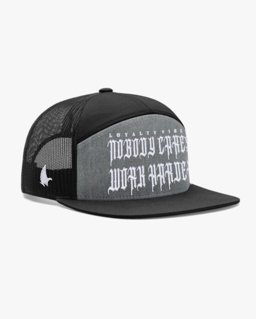 Loyalty Vibes Nobody Cares Work Harder Deck Hat Black Heather Grey White