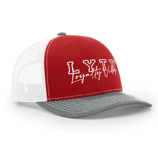 Loyalty Vibes Varsity Trucker Hat White Red Grey OS Adjustable Loyalty Vibes