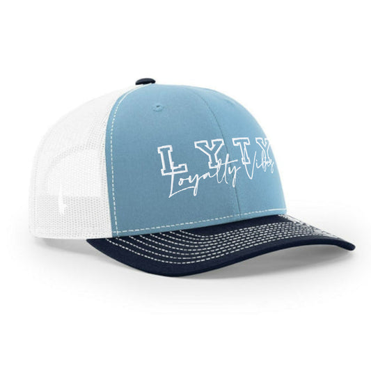 Loyalty Vibes Varsity Trucker Hat White Sky Blue Navy Blue OS Adjustable Loyalty Vibes
