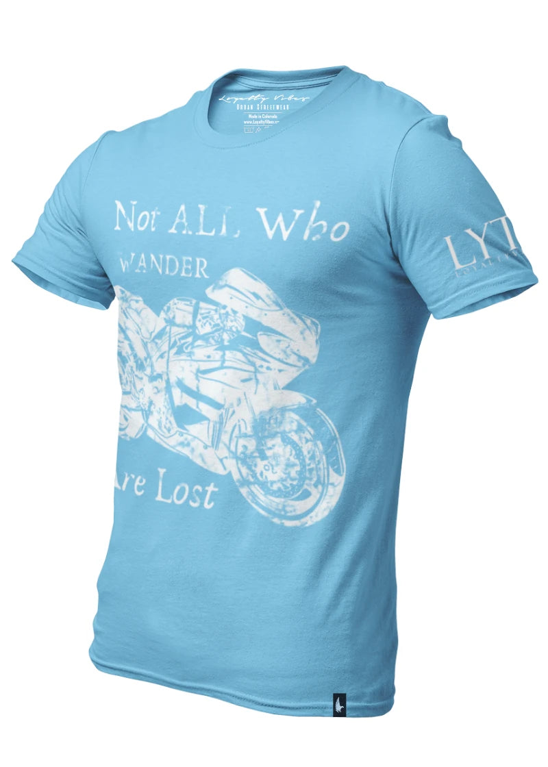 Not All Who Wander Motorcycle Graphic Tee Baby Blue - Loyalty Vibes