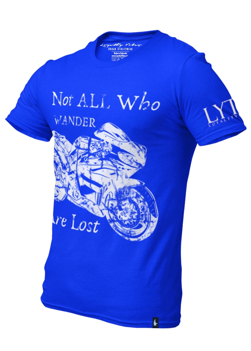 Not All Who Wander Motorcycle Graphic Tee Blue - Loyalty Vibes