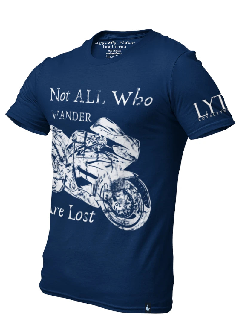Not All Who Wander Motorcycle Graphic Tee Navy Blue - Loyalty Vibes