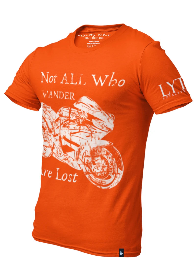 Not All Who Wander Motorcycle Graphic Tee Orange - Loyalty Vibes