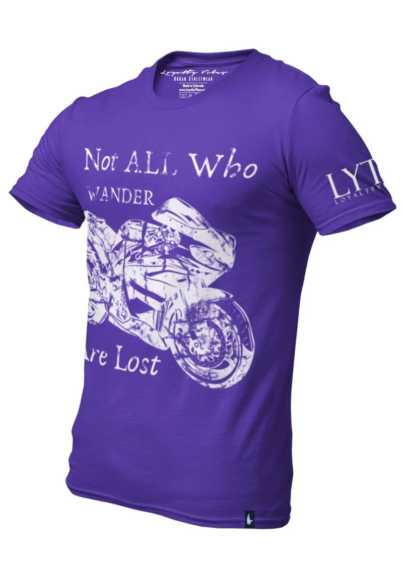 Not All Who Wander Motorcycle Graphic Tee Purple - Loyalty Vibes