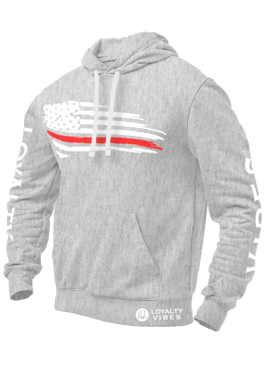 Loyalty Vibes Red Line Distressed American Flag Hoodie Heather Grey Loyalty Vibes