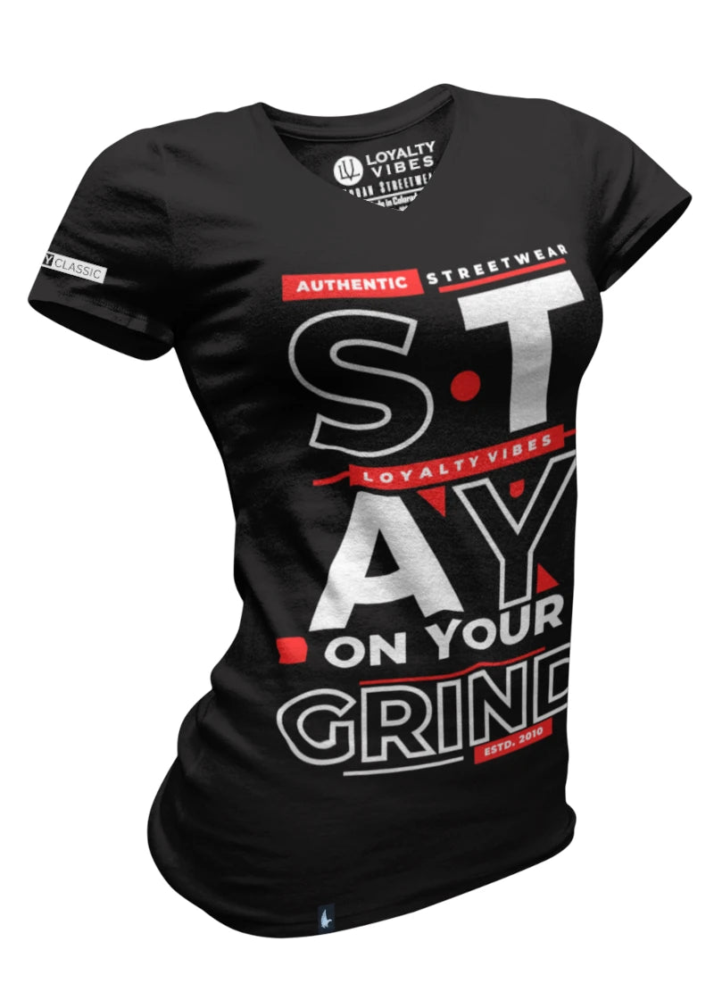 Loyalty Vibes Loyalty Vibes Women's Stay On Your Grind V-Neck Tee Black Red
