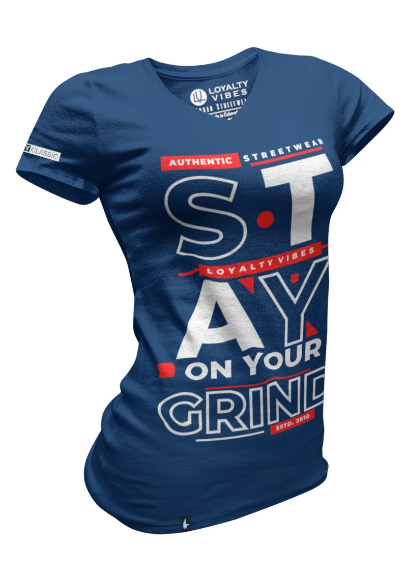 Loyalty Vibes Loyalty Vibes Women's Stay On Your Grind V-Neck Tee Navy Blue