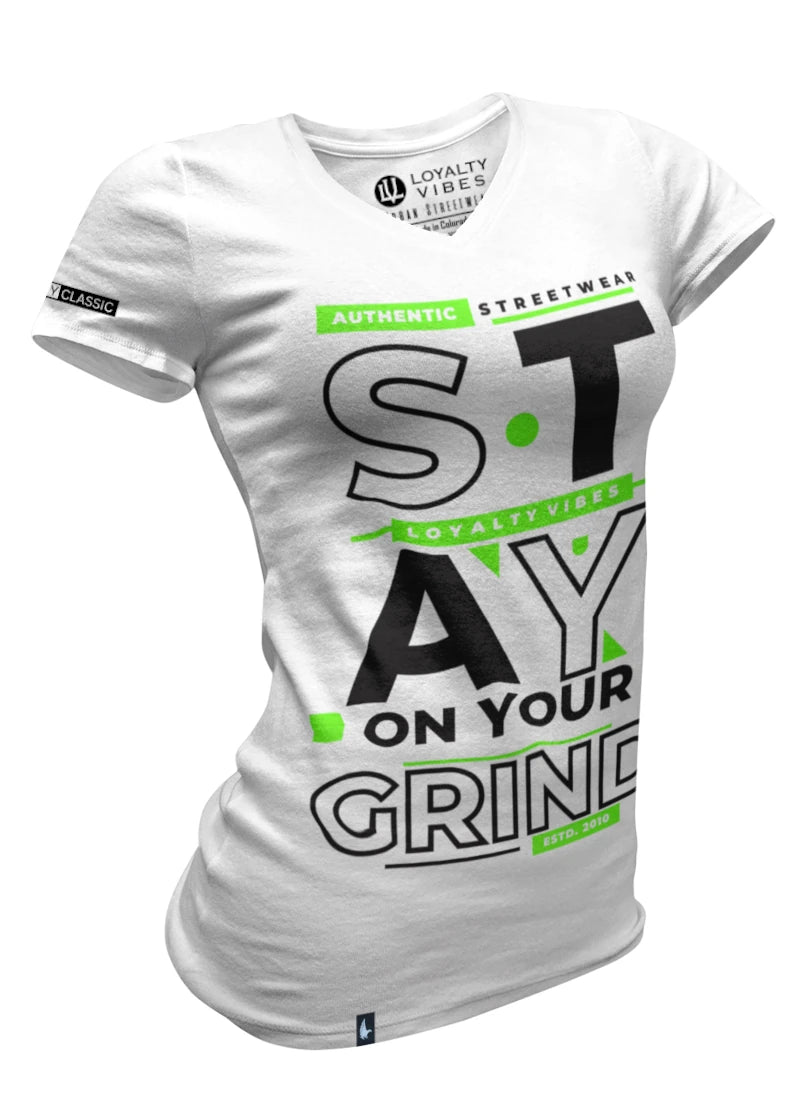 Loyalty Vibes Loyalty Vibes Women's Stay On Your Grind V-Neck Tee White Black Green
