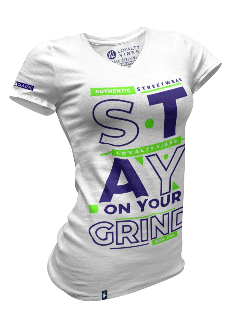 Loyalty Vibes Loyalty Vibes Women's Stay On Your Grind V-Neck Tee White Navy Blue Green