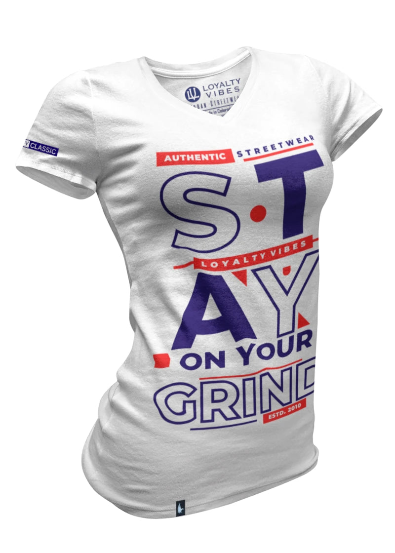 Loyalty Vibes Loyalty Vibes Women's Stay On Your Grind V-Neck Tee White Navy Blue Red
