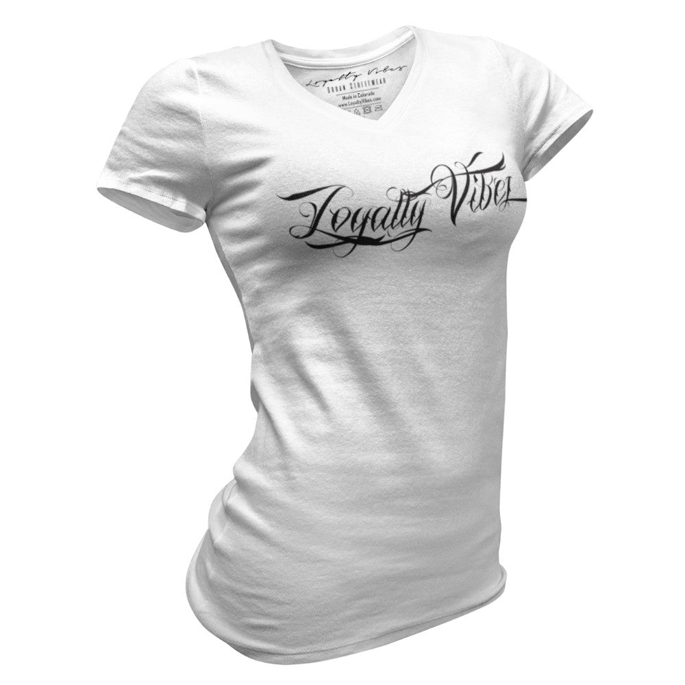 Loyalty Vibes Street Verse Logo V-Neck Tee White Loyalty Vibes