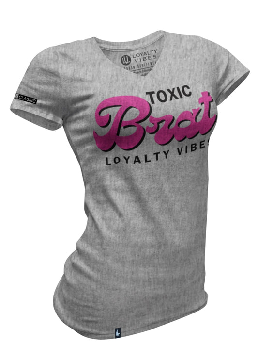 Loyalty Vibes Women's Toxic Brat V-Neck Tee Heather Grey Pink Loyalty Vibes