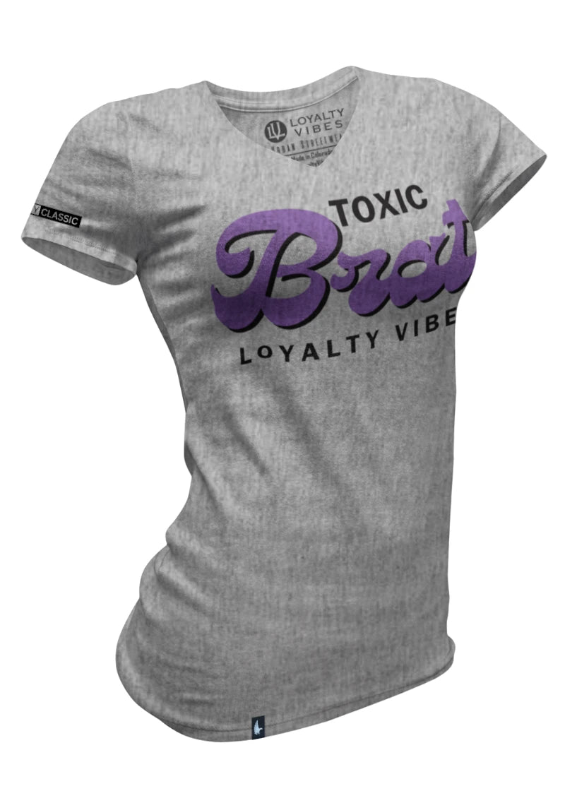 Loyalty Vibes Women's Toxic Brat V-Neck Tee Heather Grey Purple Loyalty Vibes