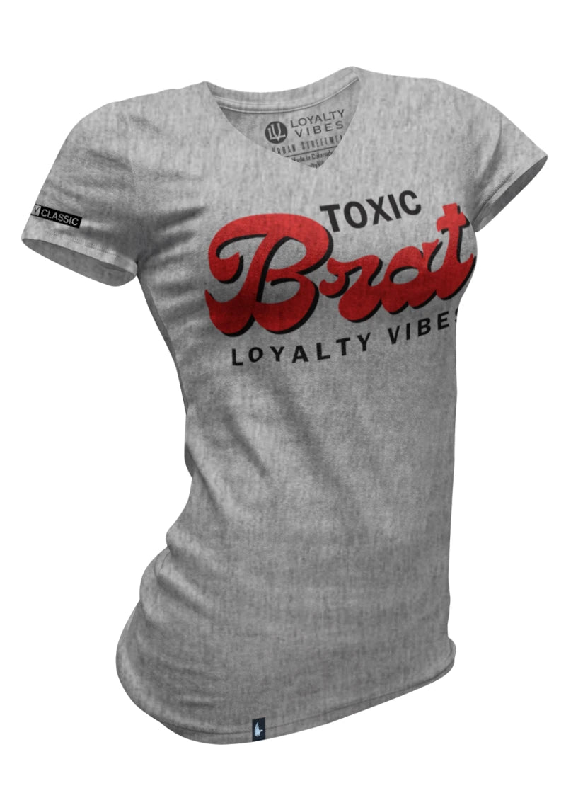 Loyalty Vibes Women's Toxic Brat V-Neck Tee Heather Grey Red Loyalty Vibes