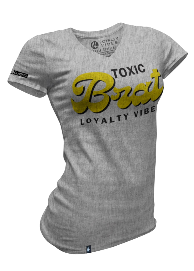 Loyalty Vibes Women's Toxic Brat V-Neck Tee Heather Grey Yellow Loyalty Vibes