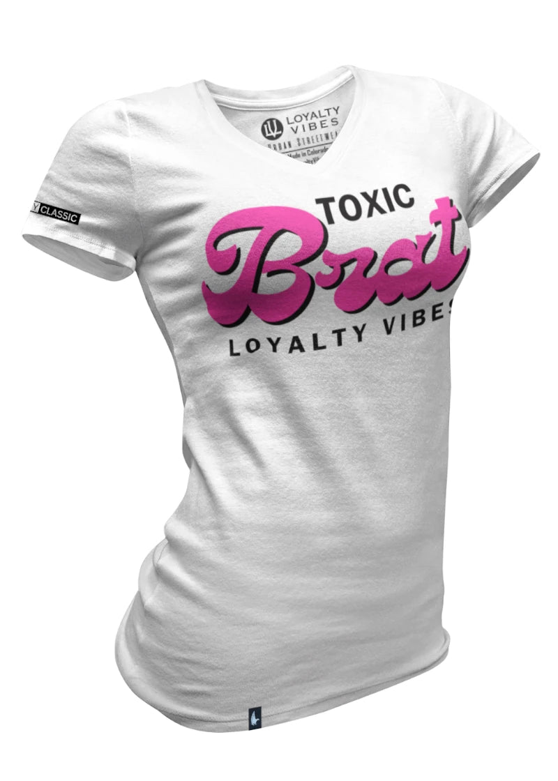 Loyalty Vibes Women's Toxic Brat V-Neck Tee White Pink Loyalty Vibes