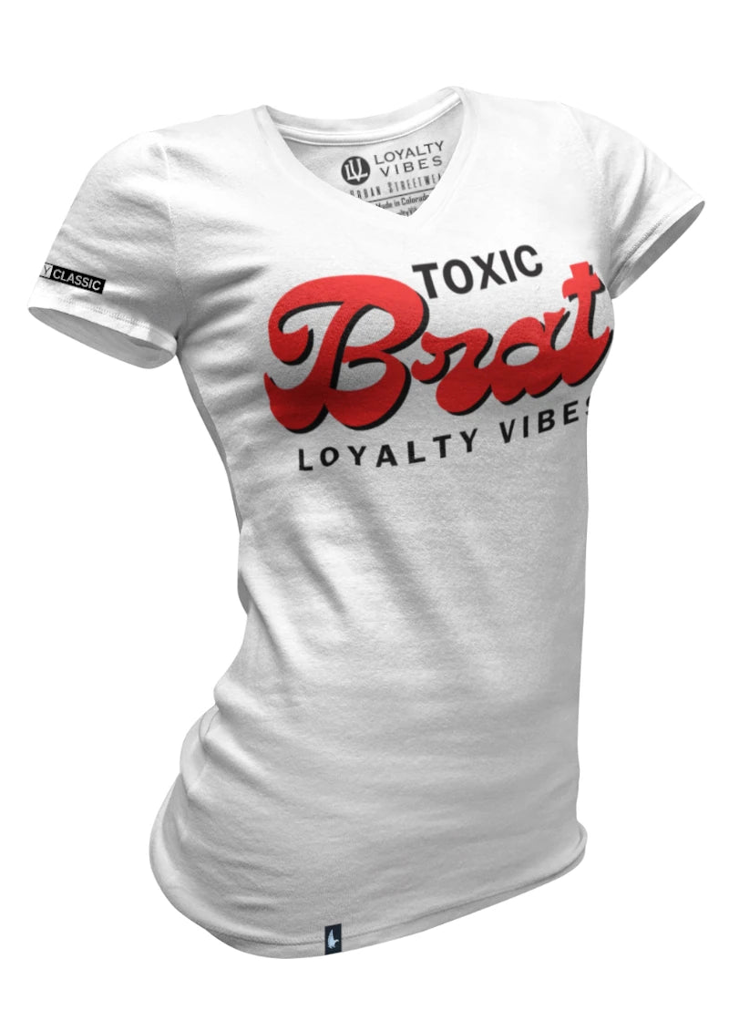 Loyalty Vibes Women's Toxic Brat V-Neck Tee White Red Loyalty Vibes
