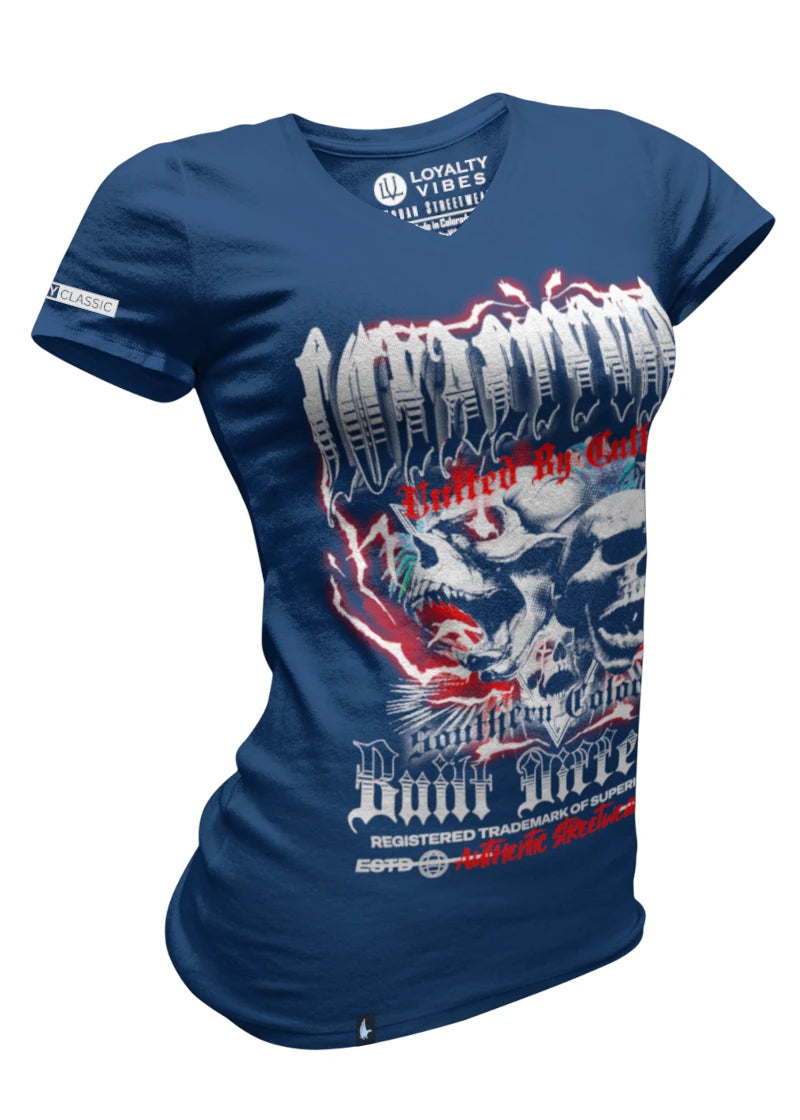 Loyalty Vibes Women's Triple Sins V-Neck Tee Navy Blue Loyalty Vibes