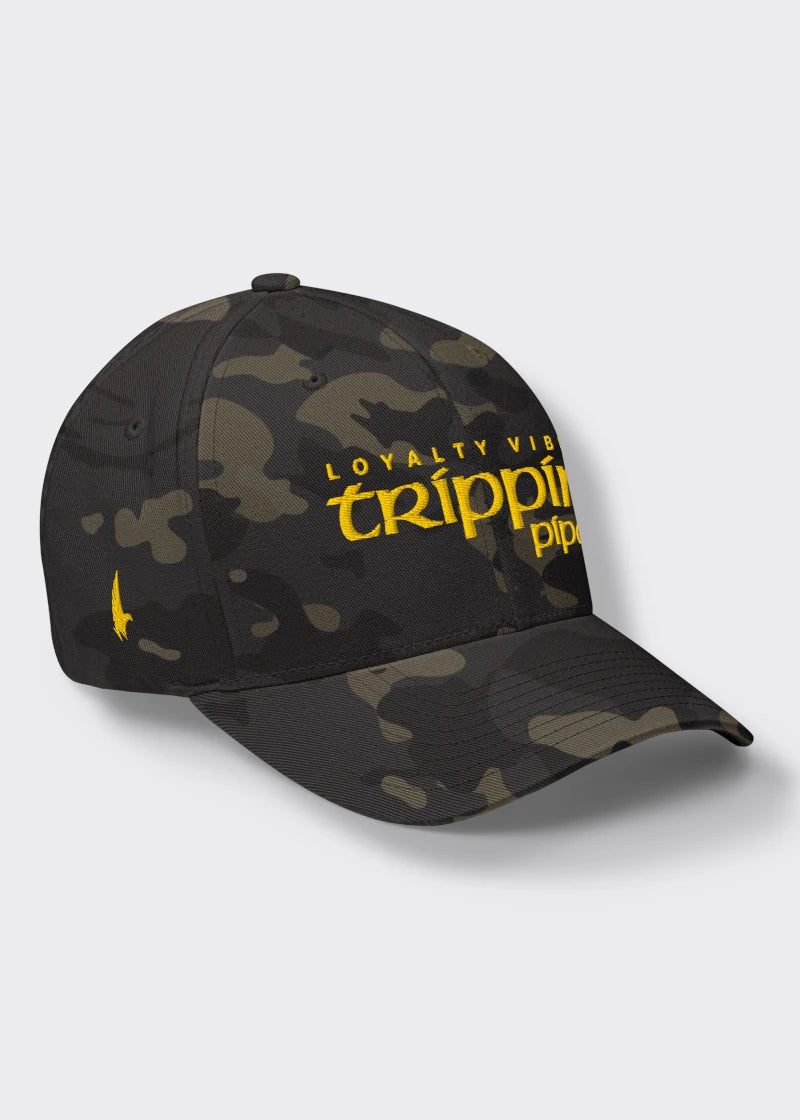 Loyalty Vibes Trippin Pipe Fitted Hat Black Camo Gold Loyalty Vibes