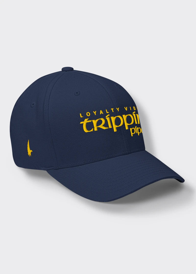 Loyalty Vibes Trippin Pipe Fitted Hat Navy Blue Gold Loyalty Vibes