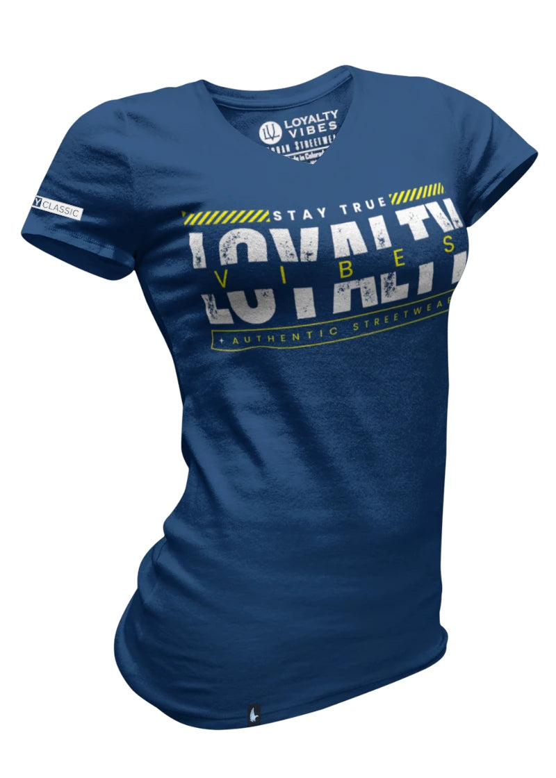 Loyalty Vibes Women's Velocity Logo V-Neck Tee Navy Blue Yellow Loyalty Vibes