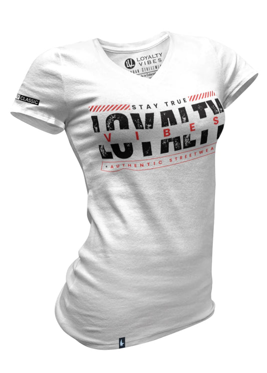 Loyalty Vibes Women's Velocity Logo V-Neck Tee White Red Loyalty Vibes