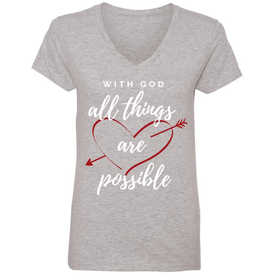 With God All Things Are Possible Women's V-Neck T-Shirt Heather Grey Loyalty Vibes