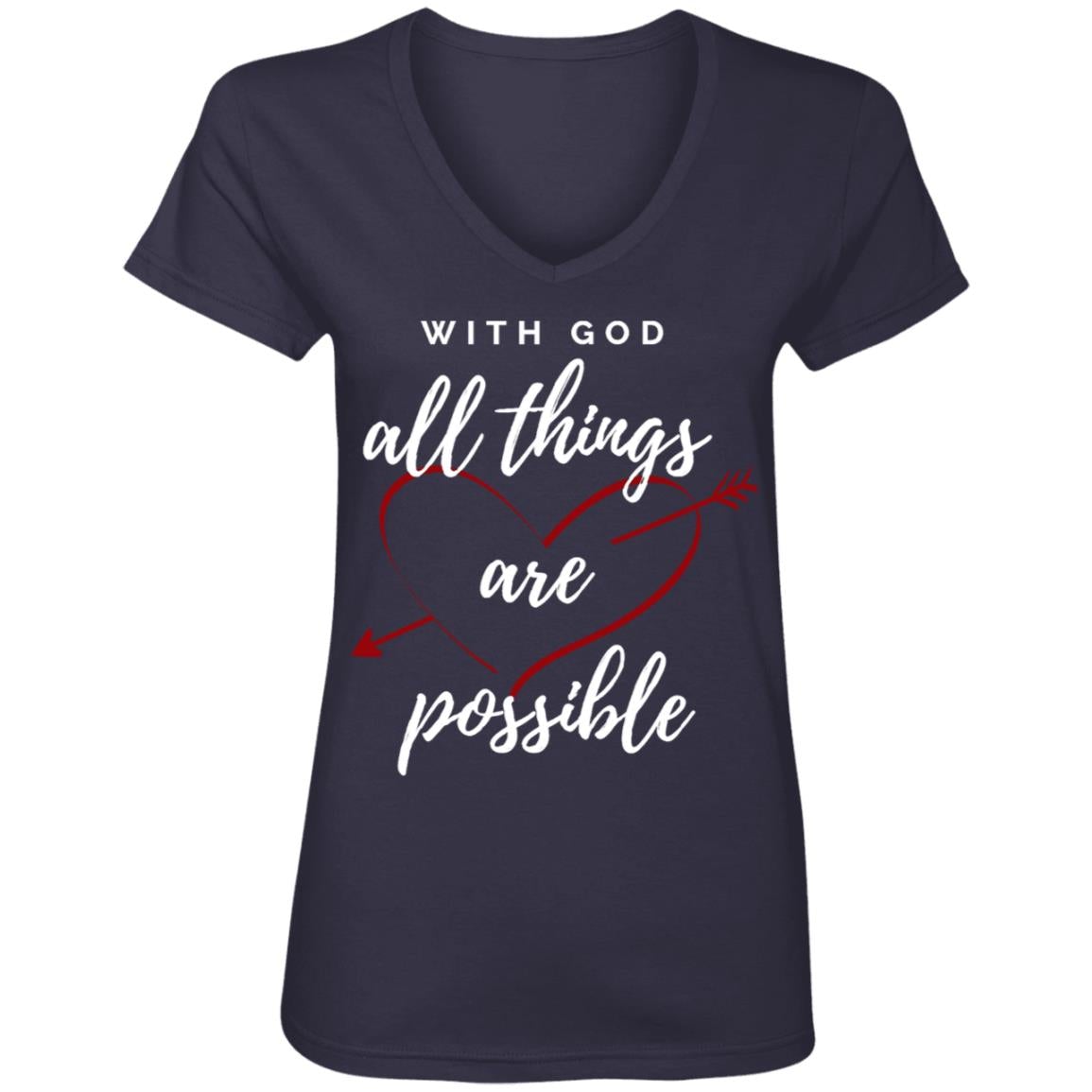 With God All Things Are Possible Women's V-Neck T-Shirt Navy Loyalty Vibes
