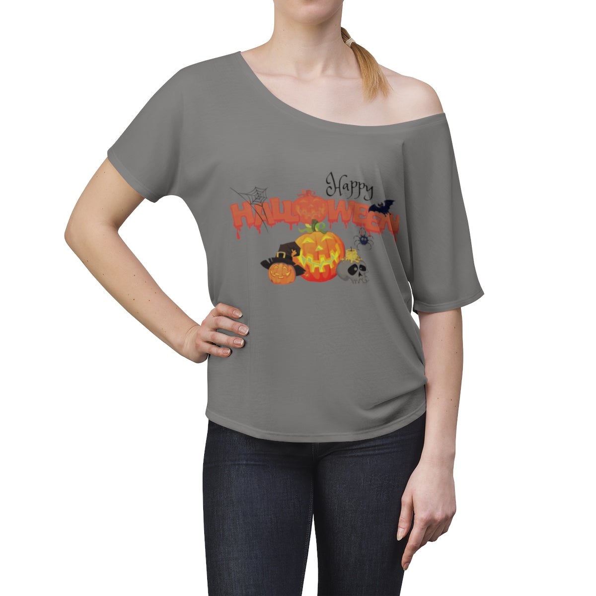Women's Halloween Top Off The Shoulder Tee Charcoal Black TriBlend - Loyalty Vibes