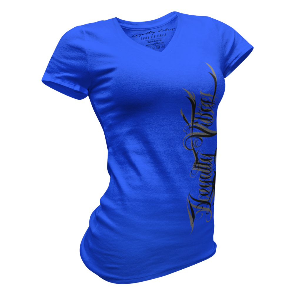 Loyalty Vibes Women's Street Style Magnitude Logo V-Neck Tee Blue Loyalty Vibes
