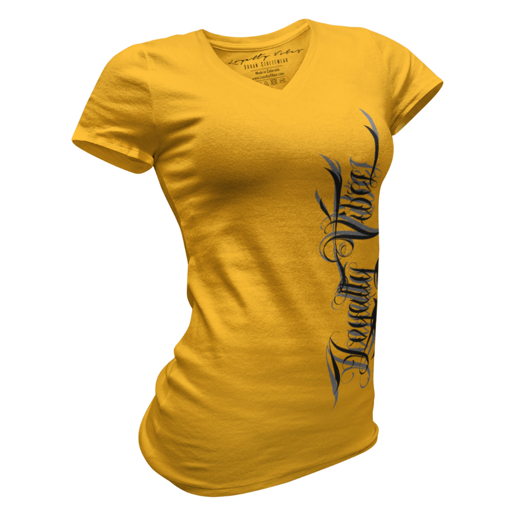 Loyalty Vibes Women's Street Style Magnitude Logo V-Neck Tee Gold Loyalty Vibes