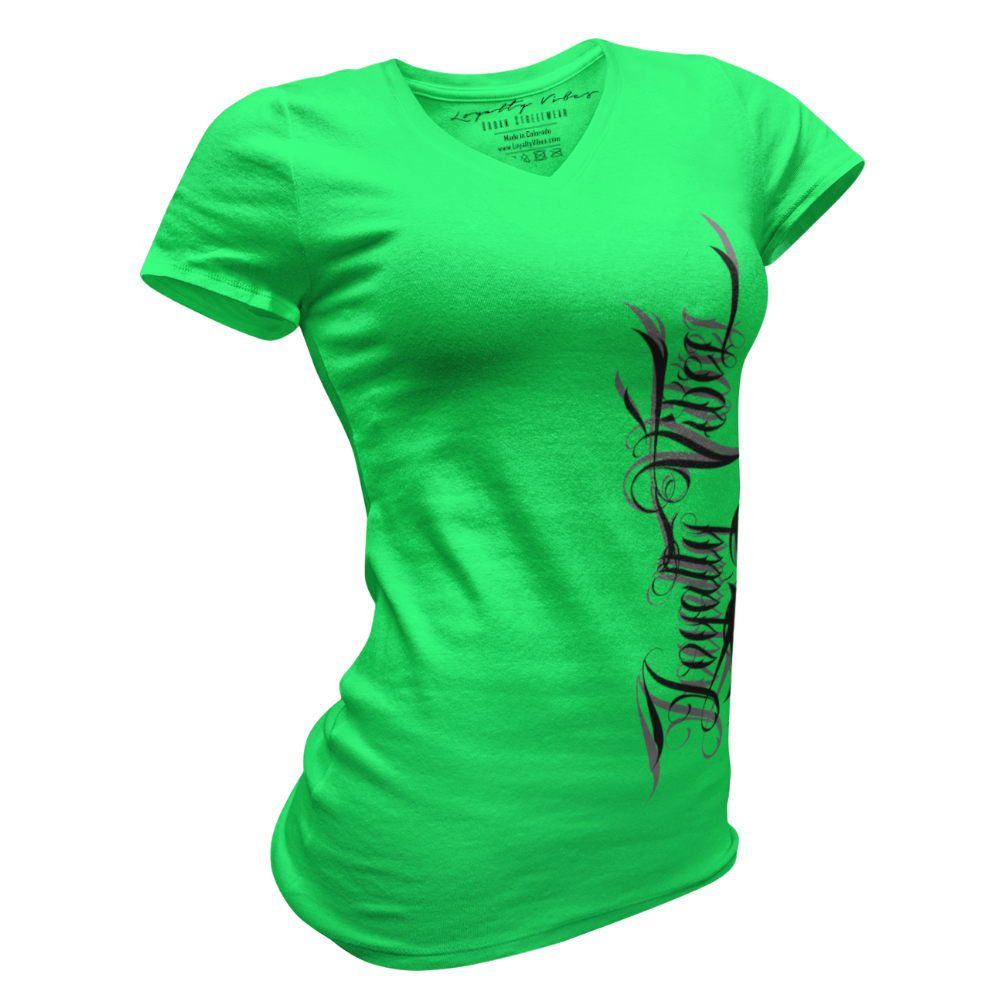 Loyalty Vibes Women's Street Style Magnitude Logo V-Neck Tee Green Loyalty Vibes